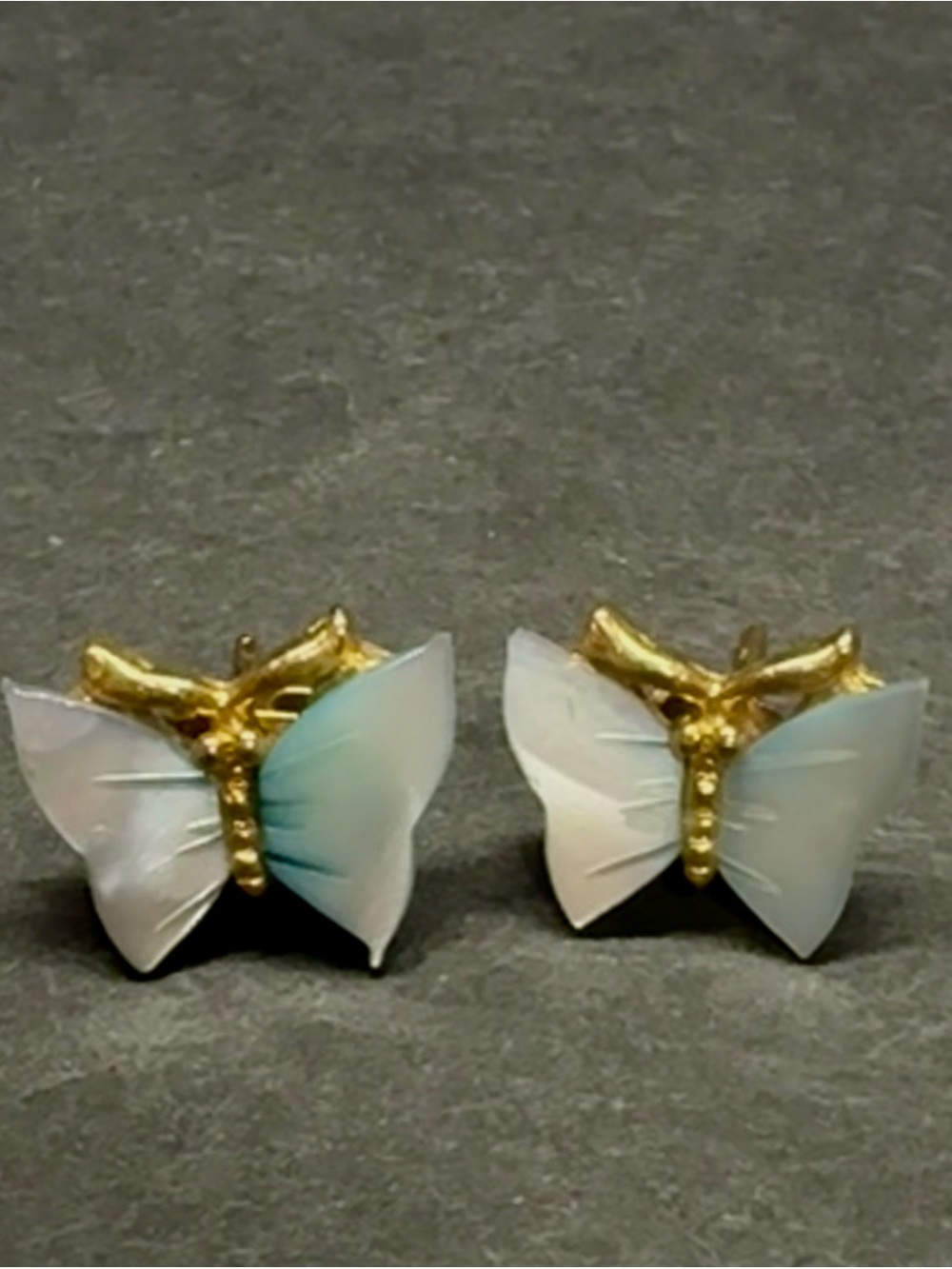 Vintage Faux Mother of Pearl Gold Tone Butterfly Pierced Earrings